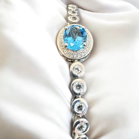 Swiss Blue Topaz / White Topaz Sterling Silver Bolo Bracelet - Picture 7 of 9